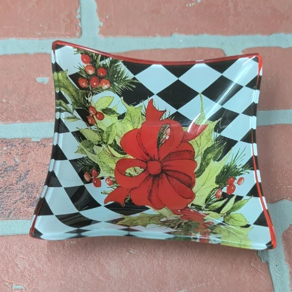 Holiday Decorative Tray with Red Bow and Black-White Harlequin Pattern - Picture 4 of 5
